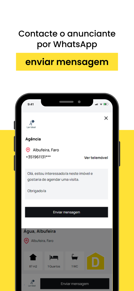 Contattare un agente immobiliare tramite WhatsApp sull'app Portal Casa Yes