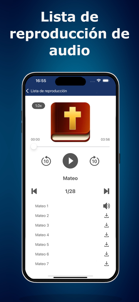 マタイによる福音書のプレイリストを備えた、スペイン語のオーディオ聖書プレイヤーのインターフェース