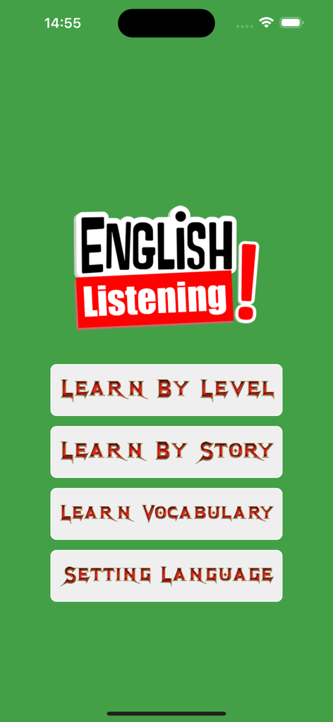 Learn English Listening - Menú principal de la aplicación Learn English Listening con botones para aprender por nivel, historia y vocabulario