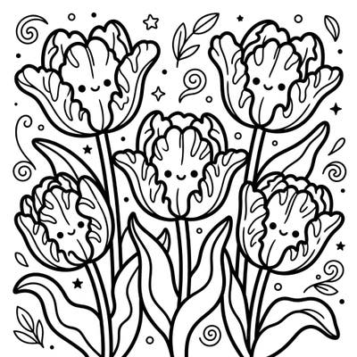 Unleash your creativity with this delightful Kawaii Parrot Tulips coloring page! Each ruffled petal and cheerful face invites you to add a burst of color to these charming flowers.