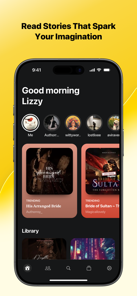 Stck Reader - Stck Reader app home interface displaying trending indie stories and author profiles