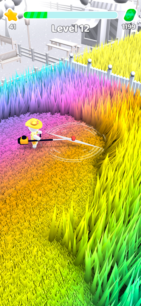 A character cutting through vibrant rainbow colored tall grass in the Mow My Lawn mobile game.