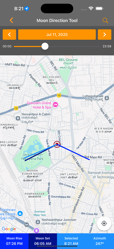 Moon direction tool interface showing position on a map for stargazing planning