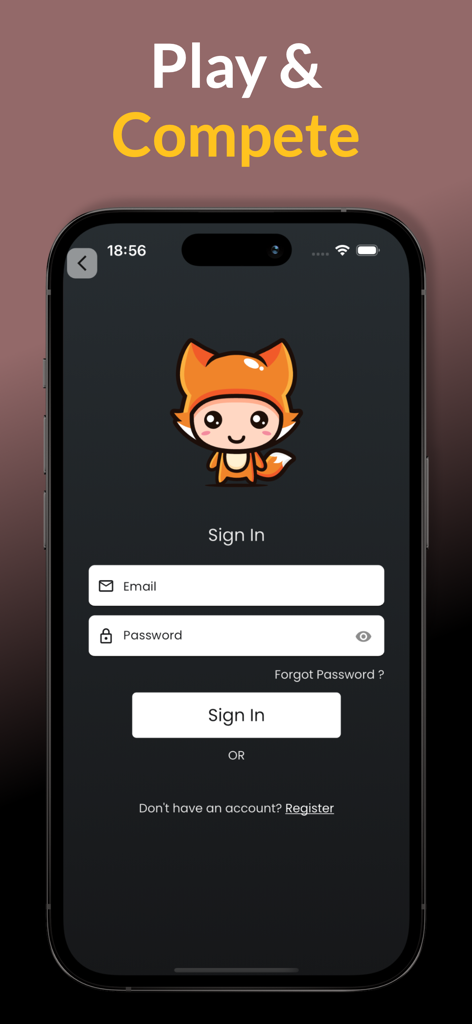 Cash'em All - Play & Earn - Cash em All app sign in screen with a cute fox character and login form