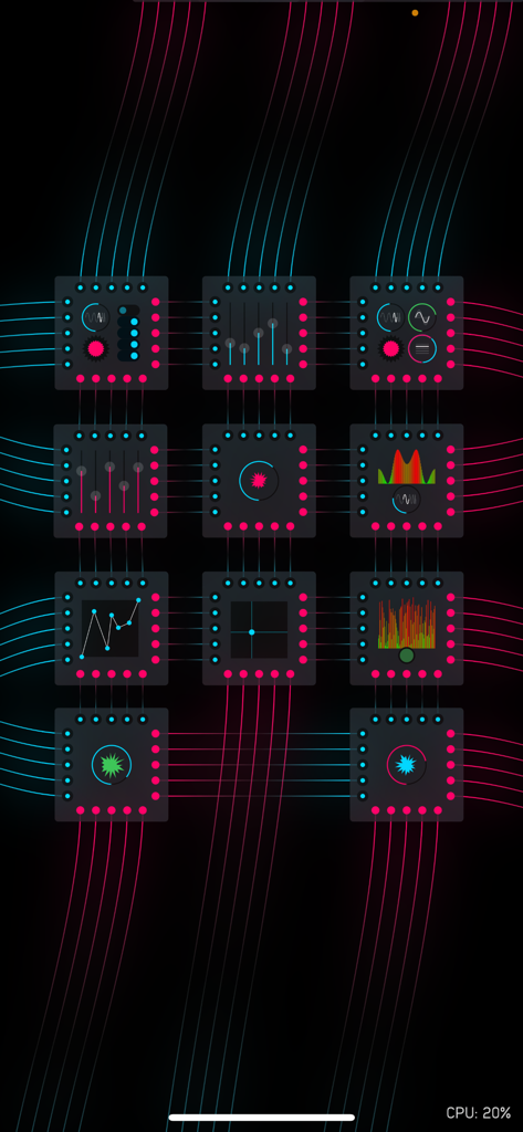 Audulus 4 - A detailed modular synthesis patch in Audulus 4 featuring interconnected processing nodes and colorful signal wires on a dark background.