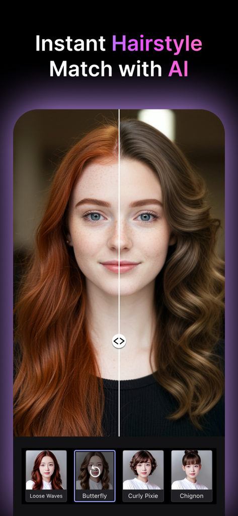 MyEdit: AI Photo Generator - MyEdit AIヘアスタイルジェネレーター機能を使用して、さまざまな髪の色やスタイルの女性を示す分割画面。