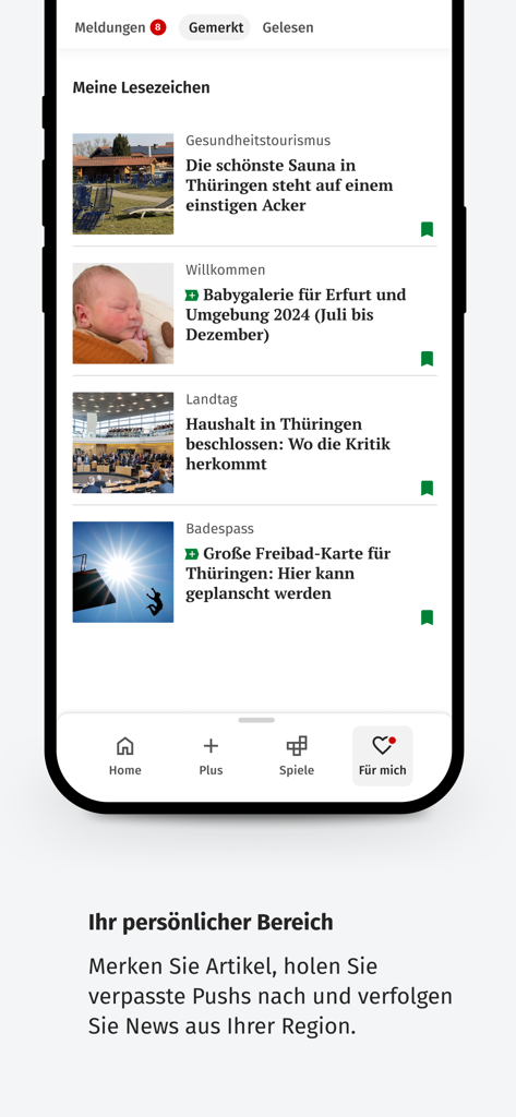 The personalized bookmarks section of the Thüringer Allgemeine News app showing saved local articles