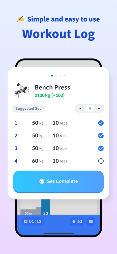 Mobile app interface showing a bench press workout log with sets and repetitions