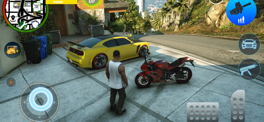 Gangster Games Crime Simulator - A character stands between a yellow sports car and a red motorcycle in an open world city setting.