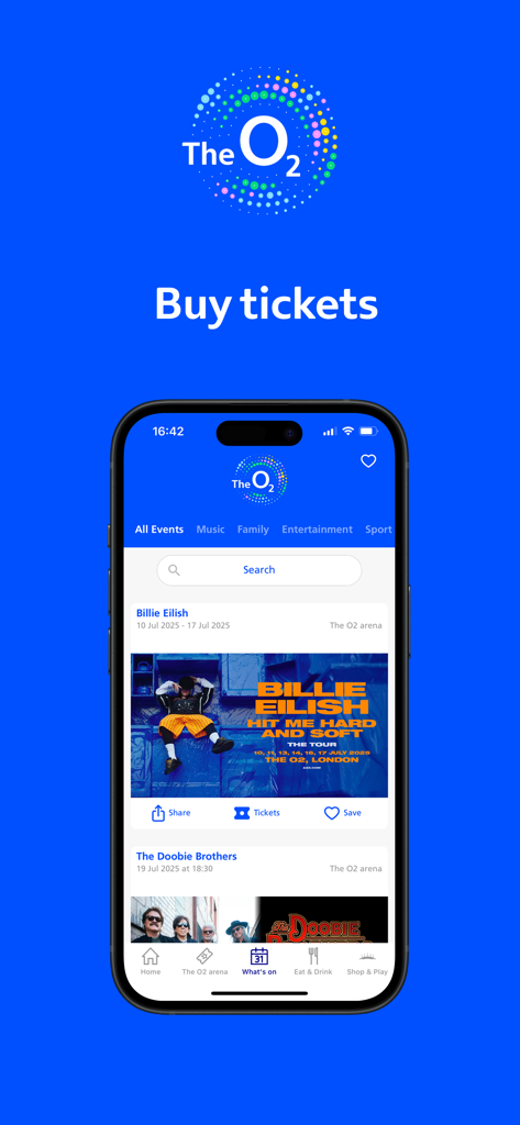 Die Benutzeroberfläche der O2 Venue App auf einem Smartphone zeigt Veranstaltungslisten für Billie Eilish und The Doobie Brothers
