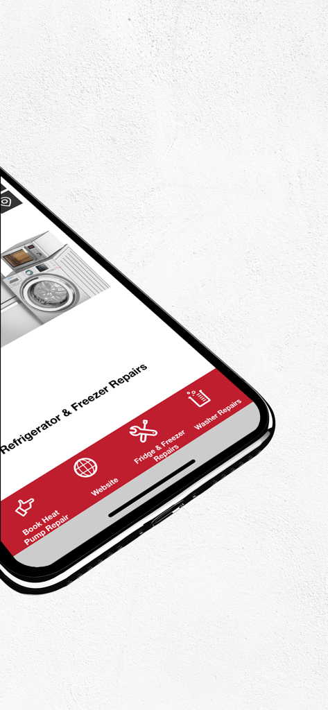 Interface d'application mobile pour les services de réparation d'appareils électroménagers à Hobart, présentant des options de réparation de réfrigérateurs et de lave-linge