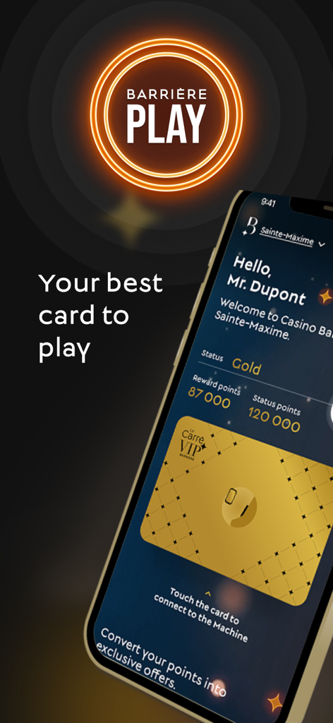Barrière Play - Mon Casino - Barriere PlayアプリにゴールドVIPロイヤルティカードとスマートフォンの特典ポイントが表示されています。