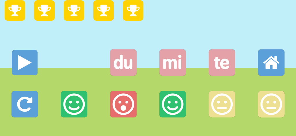 Impariamo le sillabe - Educational game interface for learning Italian syllables with icons of trophies and smiley faces