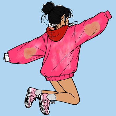 realistic girl jumping with a bun and oversized sweatshirt