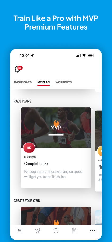 Map My Run app screen displaying MVP premium race plans and a 5K training program
