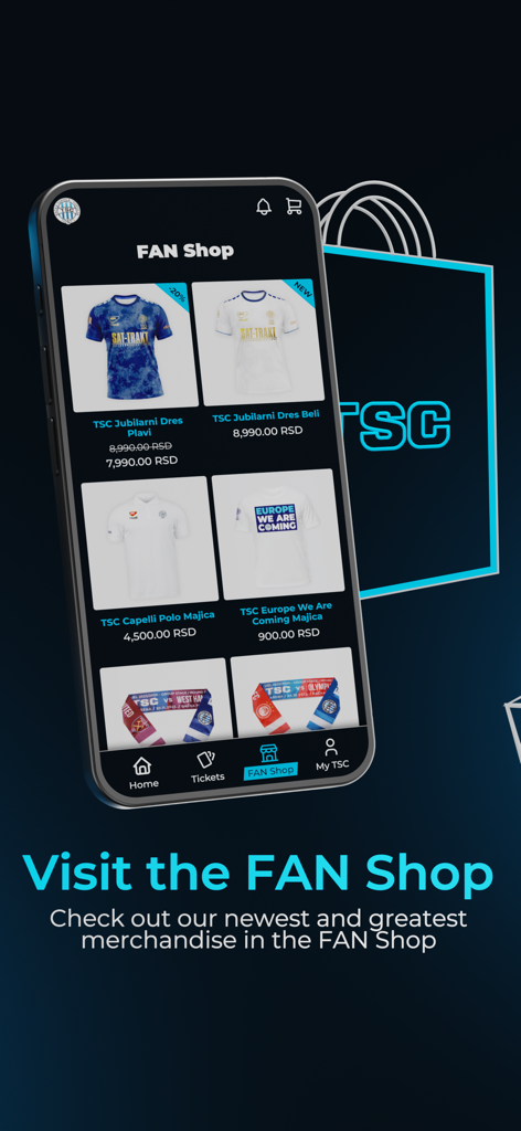 FK TSC - Tienda de la app FK TSC mostrando camisetas de fútbol y merchandising oficial