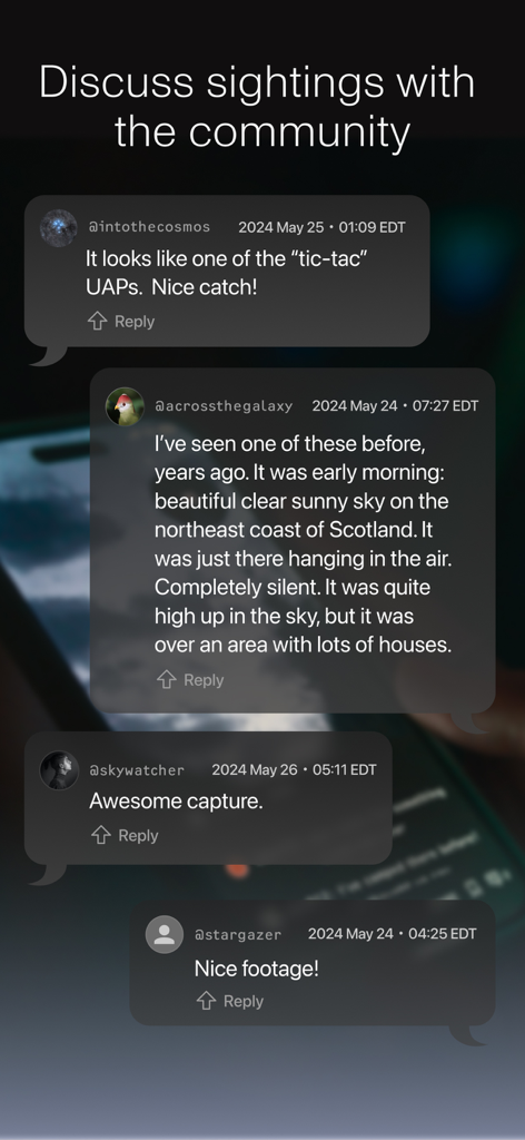 Enigma: What’s that in the Sky - Enigmaアプリコミュニティ内でのUAP目撃情報に関するユーザーディスカッションとコメント。
