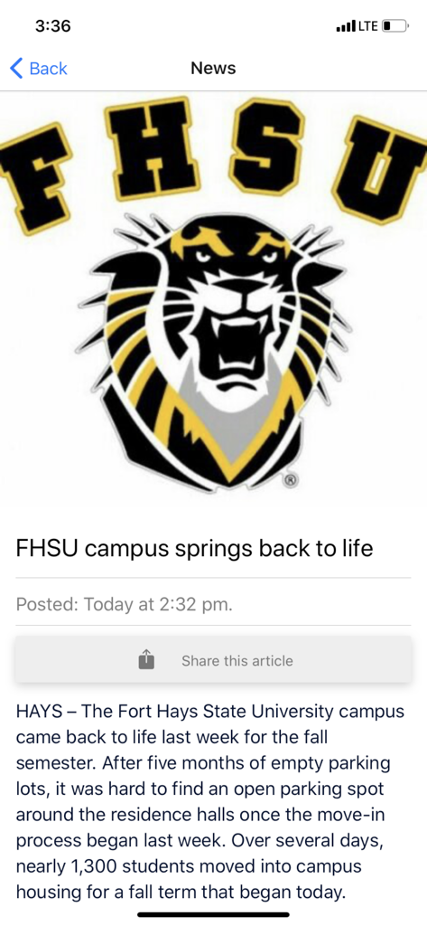Great Bend Tribune - News article about Fort Hays State University campus reopening in the Great Bend Tribune app