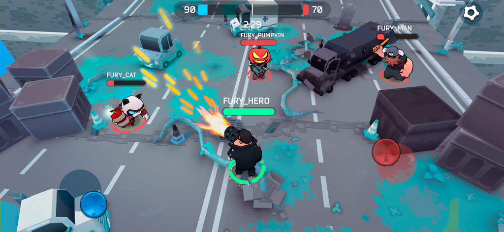 Eine Top-Down-Shooter-Gameplay-Szene aus Fury Wars Online, die Cartoon-Charaktere in einem chaotischen Straßenkampf in der Stadt zeigt.