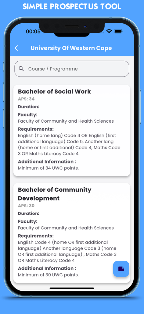 University Qualifications - Mobile app screen showing university course requirements and APS scores for specific degrees at the University of Western Cape