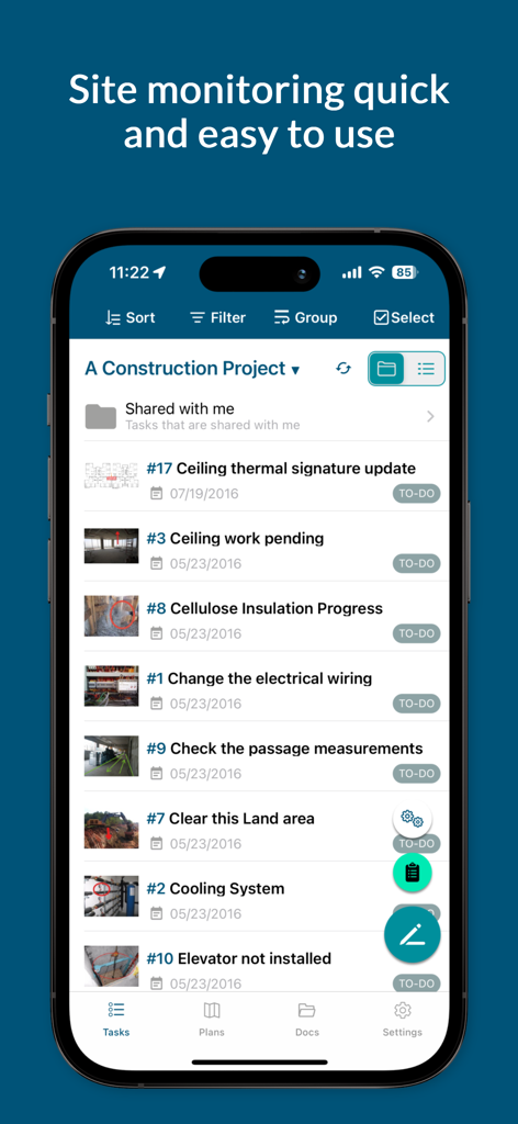 Bulldozair app interface displaying a construction project task list for site monitoring.