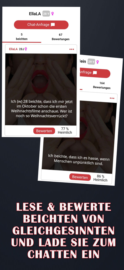 Interfaz de la aplicación Heimlich que muestra perfiles de usuario y confesiones anónimas con un botón de solicitud de chat
