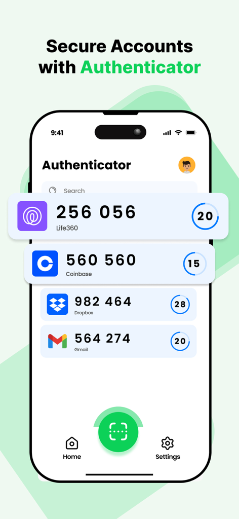 Uma tela de smartphone exibindo vários códigos de autenticação de dois fatores para diversas contas no Aplicativo Autenticador