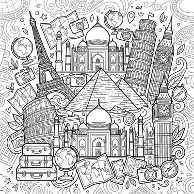 Discover the beauty of global architecture with this intricate coloring page, perfect for anyone dreaming of their next vacation. Explore famous landmarks and charming travel elements as you bring this scene to life with your favorite colors.
