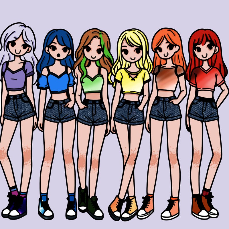 a group of girls wearing crop tops and shorts