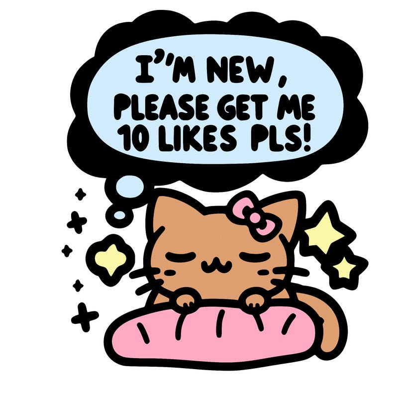kitty taking a nap dream talking and saying "i'm new, please get me at least 10 likes pls!!"