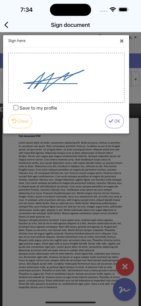 mSign - Digital signature popup interface for signing PDF documents in the mSign app