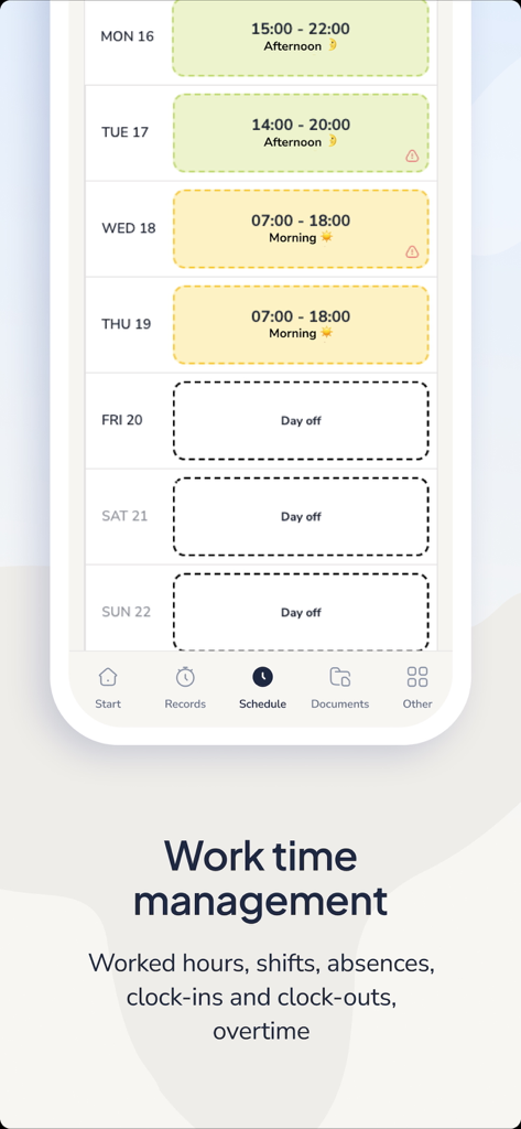BizneoHR - シフトと休日を含む週次勤務スケジュールを表示するBizneoHRモバイルアプリのインターフェース