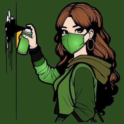 realistic girl with mask spray painting a wall