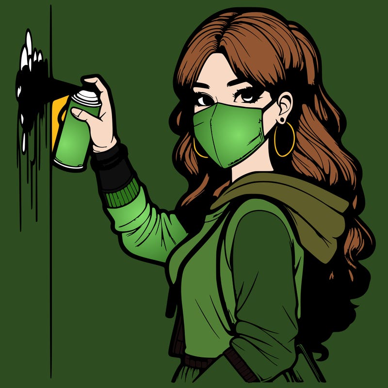 realistic girl with mask spray painting a wall