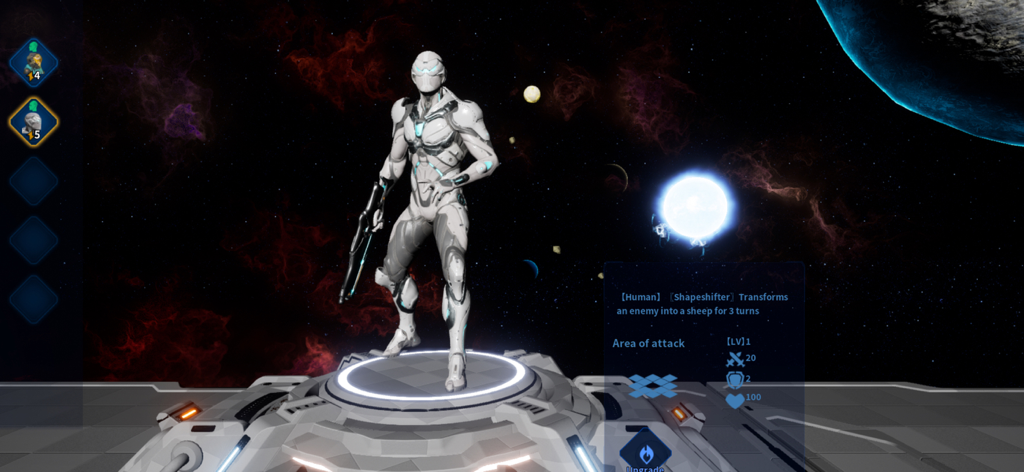 Taurus War 2 0 99 - A futuristic soldier in white armor on a character info screen in Taurus War 2 0 99
