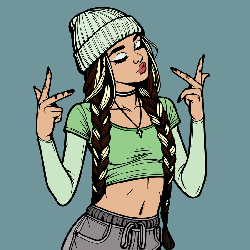 realistic teenage girl with braids and a beanie and crop top doing 🫶🏼
