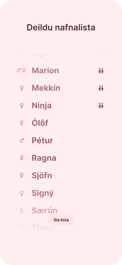 Heita - Íslensk barnanöfn - Screen showing a shared list of Icelandic baby names with partner matches