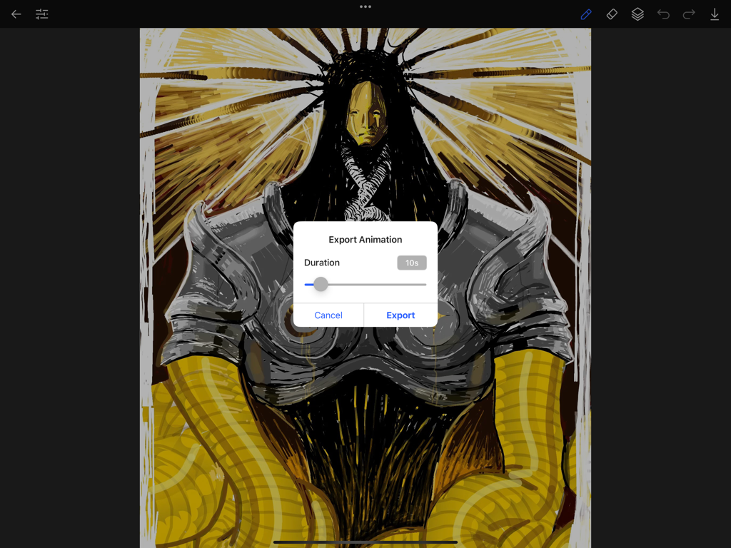 Interface do aplicativo AmberDraw mostrando a janela modal de exportação de animação sobre uma ilustração digital em um iPad.