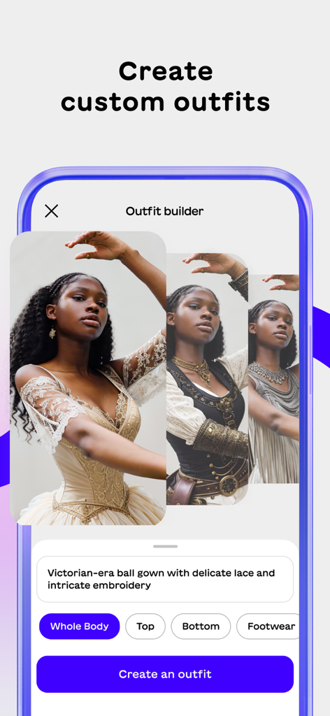 Aiuta – AI Stylist - Pantalla de la aplicación Aiuta que muestra a un usuario creando un atuendo personalizado a través de una indicación de IA para un vestido de gala de la era victoriana