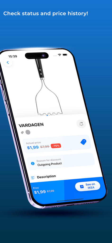 Scoout – Search IKEA products - Pantalla de la app móvil Scoout mostrando un producto Vardagen con un setenta y cinco por ciento de descuento e información del historial de precios.