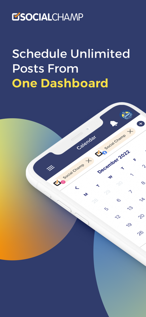 Social Champ: Social Media App - Social Champ mobile interface for scheduling unlimited social media posts from a central dashboard.