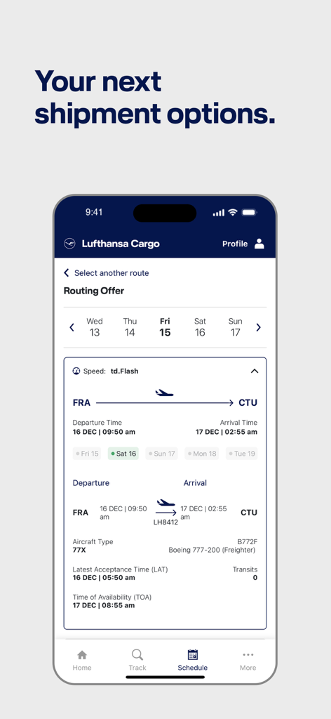 Lufthansa Cargo app displaying flight routing offers for air freight shipments