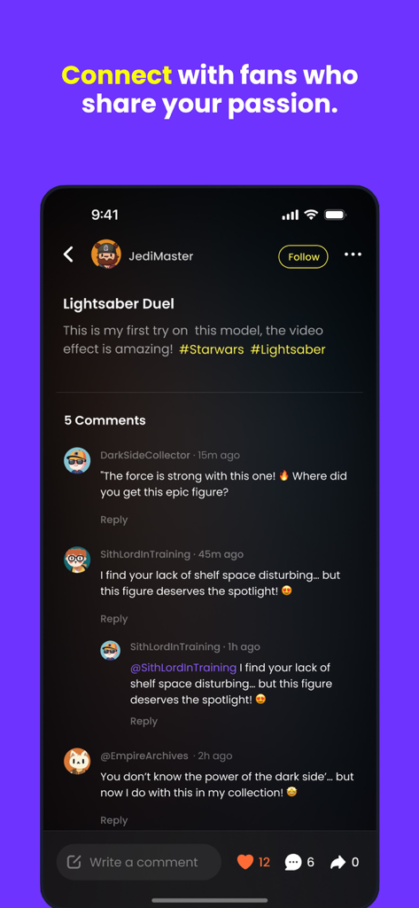 NaukNauk - Screenshot of the NaukNauk app social feed showing fan comments on a Star Wars collectibles post