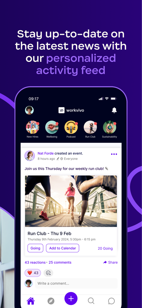Workvivo - Workvivo mobile app interface showing a personalized activity feed with employee events and social updates