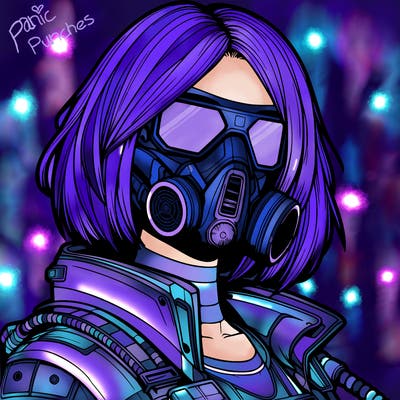 cyberpunk girl with sleek gas mask and shoulder length hair, realistic