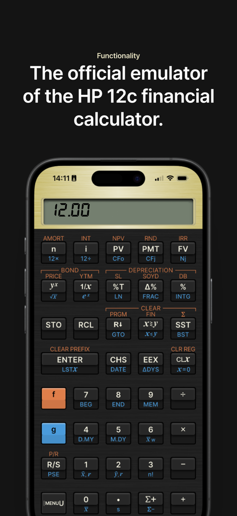 Official HP 12c financial calculator app emulator showing the classic interface