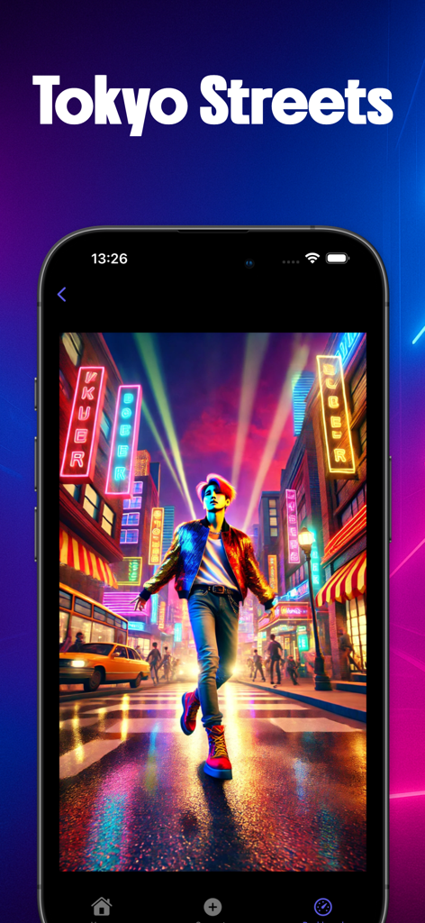 AI Anime Art Generator Villor - Personnage anime généré par IA marchant dans une rue de Tokyo éclairée au néon, illustration