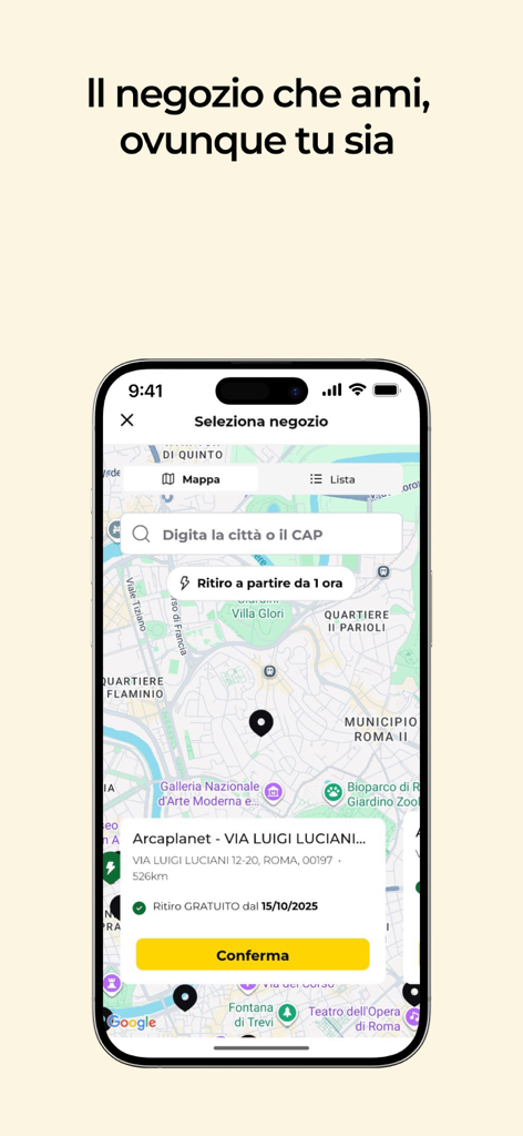 Arcaplanet – Pet store online - Schermata del localizzatore di negozi dell'app Arcaplanet che mostra una mappa di negozi per animali con opzione di ritiro in un'ora