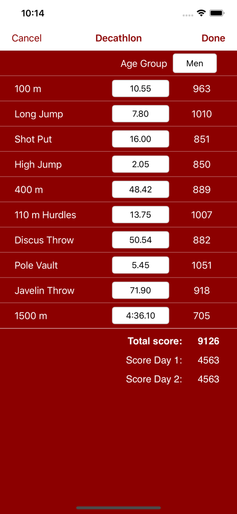Athletics Score Calculator - Interface of Athletics Score Calculator showing individual event results and total points for a Decathlon competition.