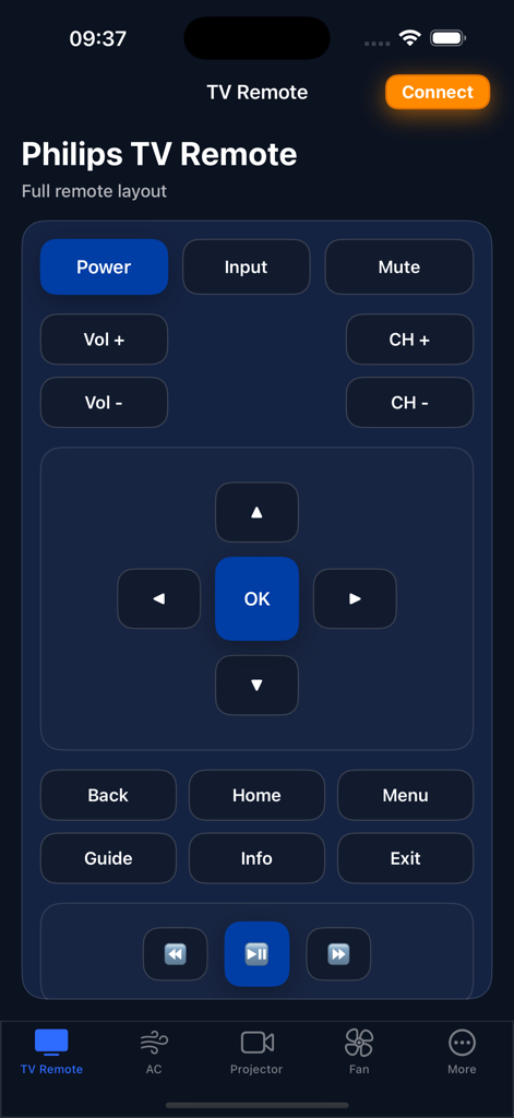Philips TV Remote ~ - Digital smartphone interface for the Philips TV Remote app featuring a full button layout for TV control